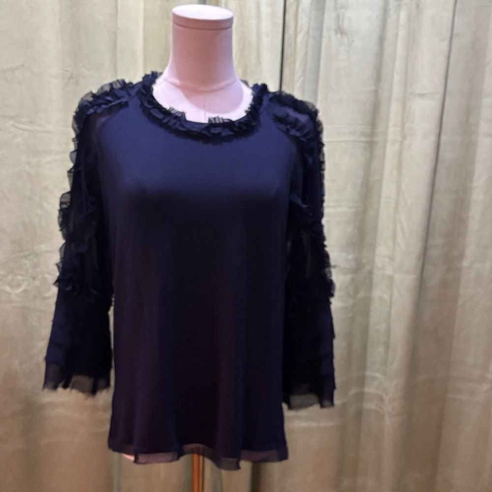 Kobi Halperin Navy Ruffle Trim Blouse, XS